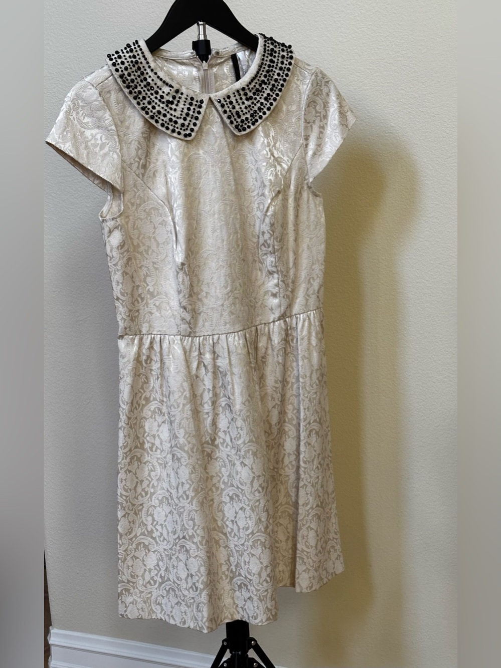 Kenzie Ivory Lace-Texture  Beaded Collar Dress